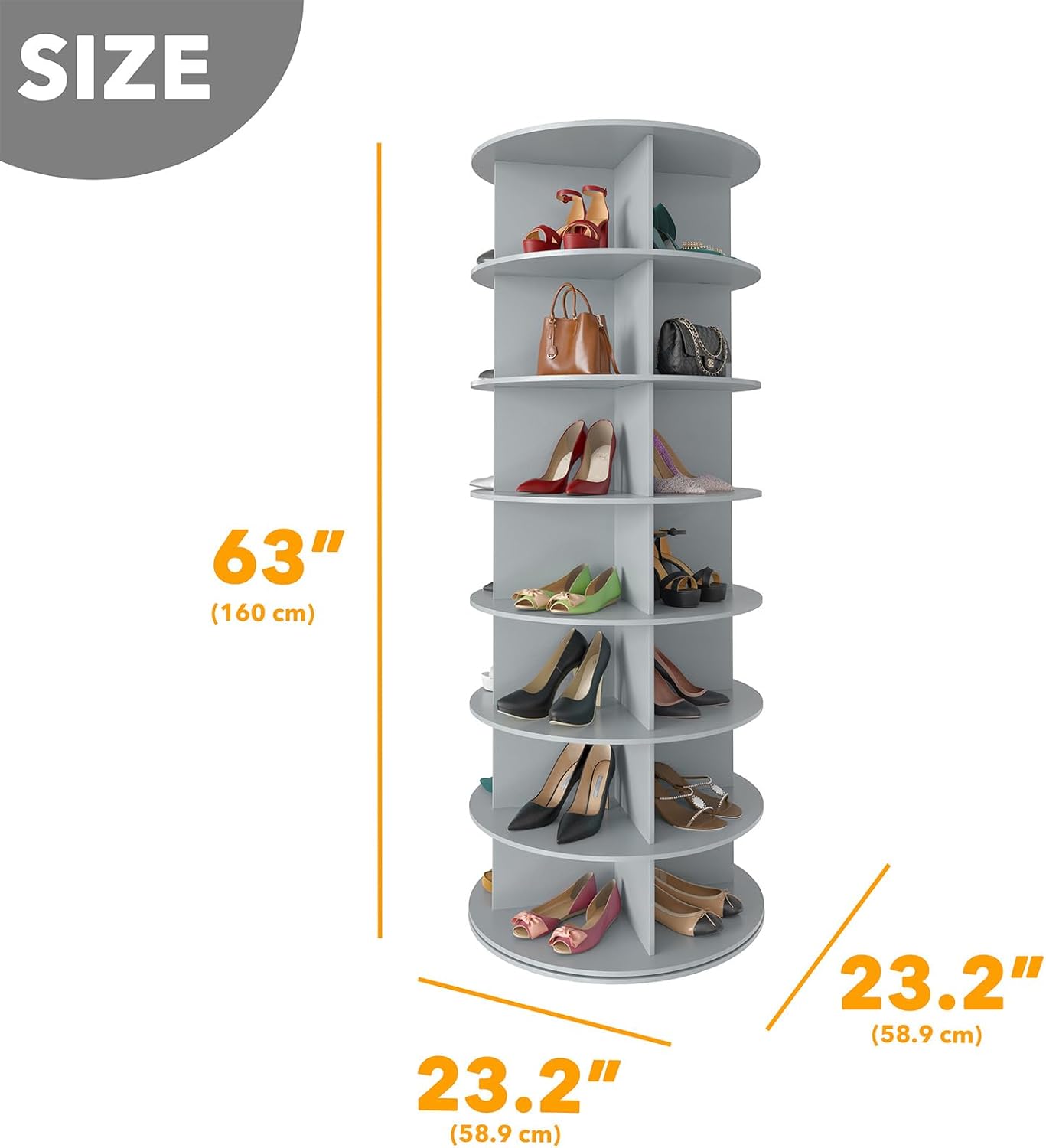 SpaceAid 7 Tier Rotating Shoe Rack Tower, Spinning Shoe Display Lazy Susan, Revolving 360 Shoe Rack Storage Round Carousel, Vertical Handbag Rotate Shoes Closet Organization (7-Tier Gray)