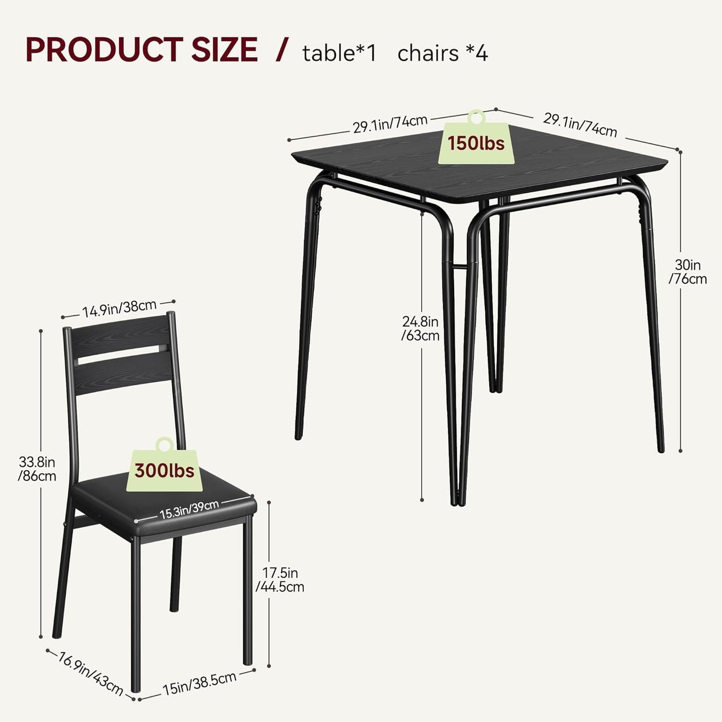 Dining Table Set for 2, Space-Saving Square 3-Piece Dinette with 2 Chairs, Modern Kitchen Furniture for Small Spaces & Apartments