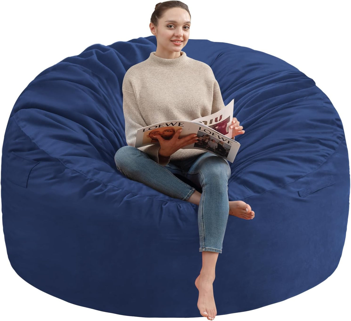 3FT Bean Bag Chair, Comfy Bean Bag Chairs with Memory Foam Filled, Fluffy Beanbag Sofa with Dutch Velvet Cover, Round BeanBag Chairs for Living Room, Playroom - Blue