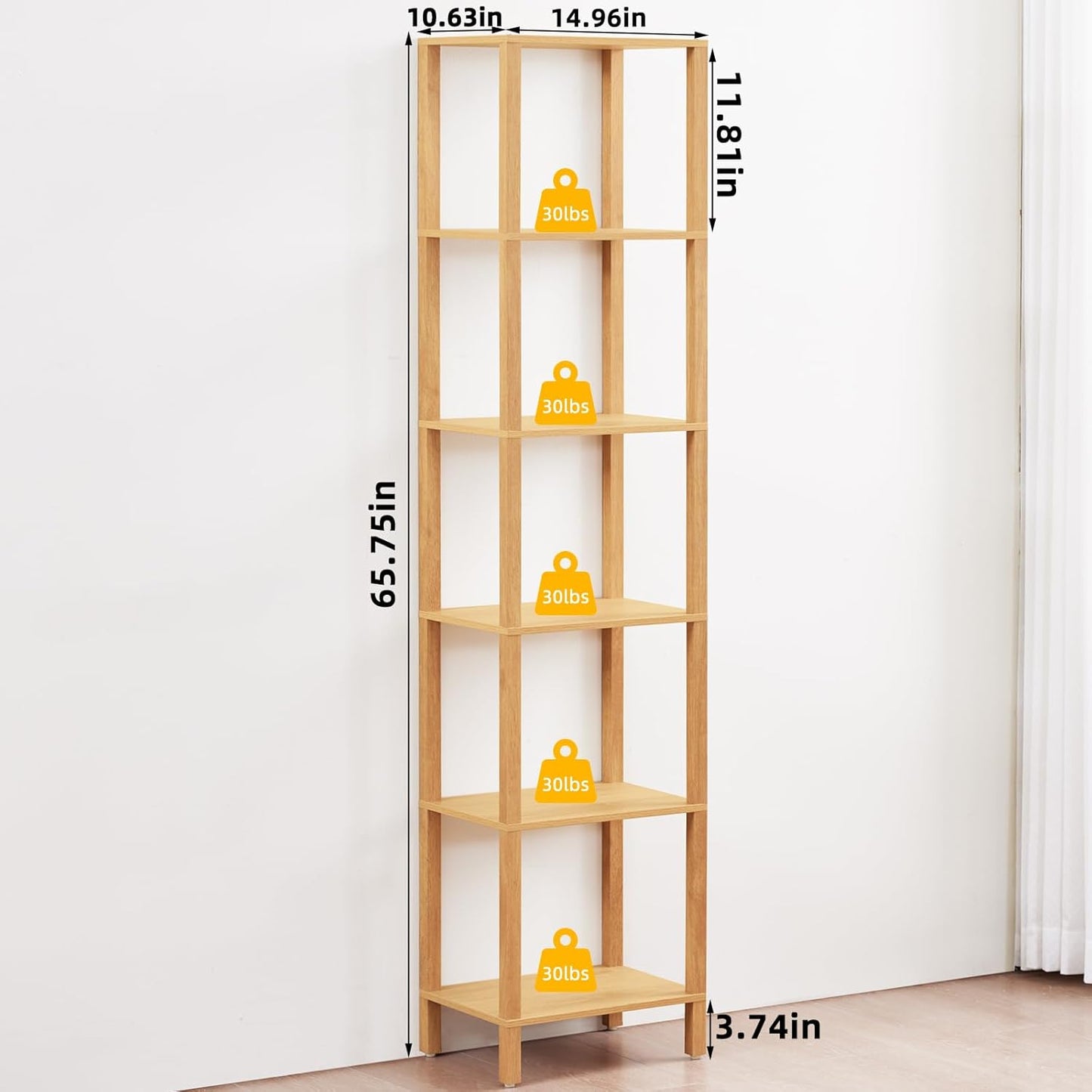 66in Tall Bookshelf 6-Tier Small Narrow Bookcase, Skinny Book Shelf for Small Space, Farmhouse Slim Shelf with Storage, Wood Freestanding Display Thin Bookshelves for Living Room, Natural