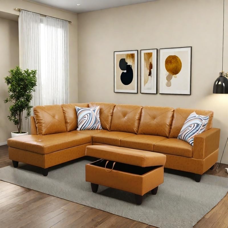 NAYSAYE L Shaped Couch, Leather Modular Sectional Couch with Ottoman Storage, Modern Lounge Sofa Convertible Sectional Couches for Living Room, Apartment, Ginger