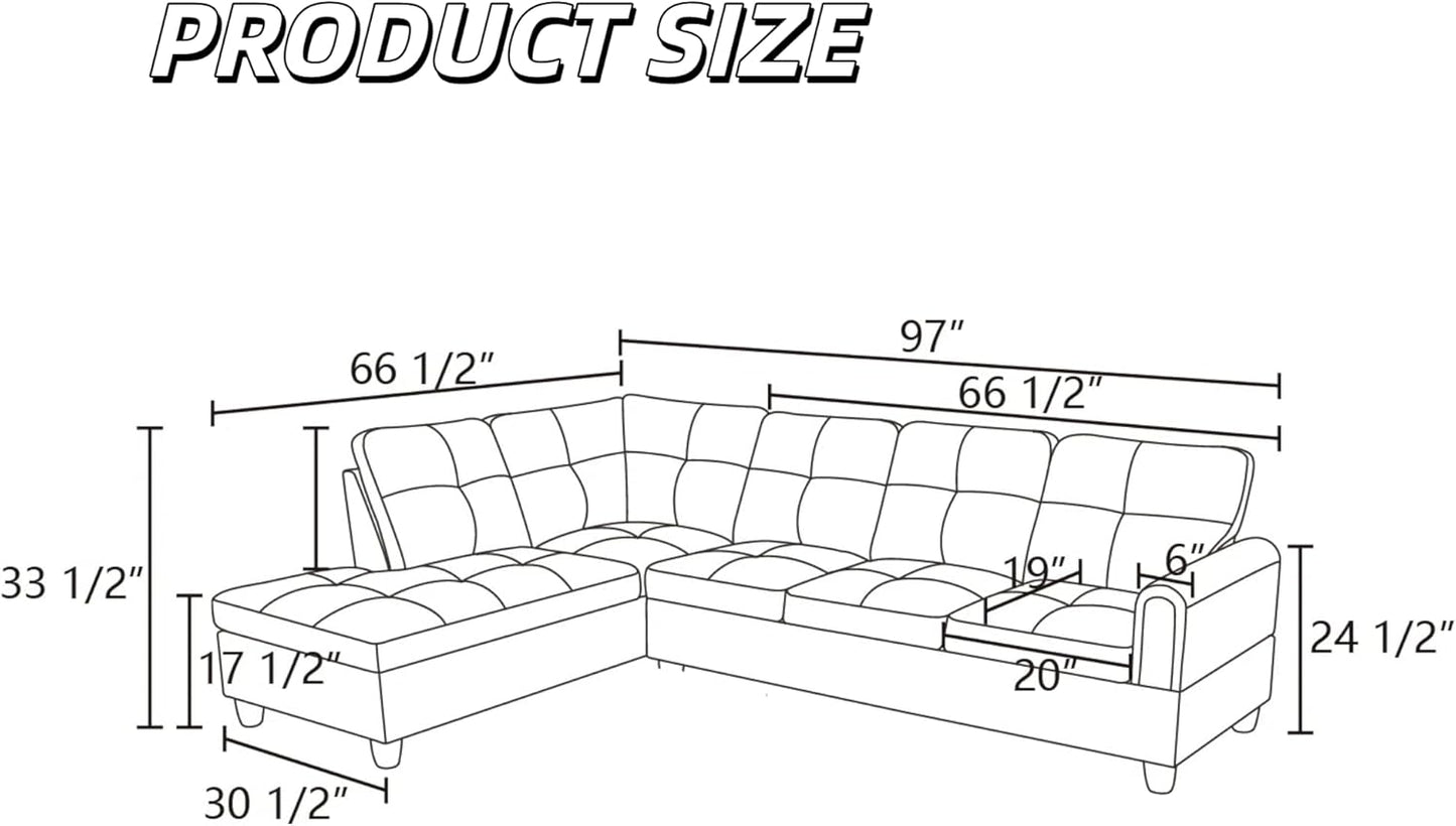 L Shaped Couch Sectional Couches with Chaise, Fluffy Fabric 3 Pieces Modular Convertible Sofa for Living Room Furniture Sets and Small Apartment, Dark Gre