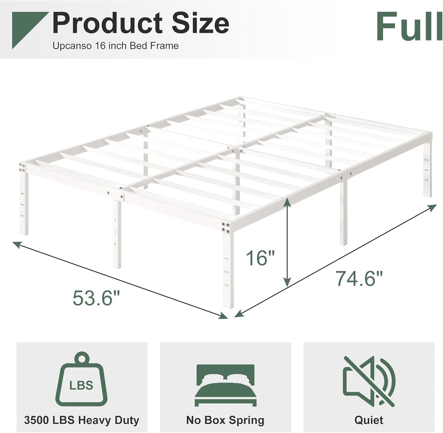 16 Inch White Full Size Bed Frame No Box Spring Need, Metal Platform Full Bed Frames with High Storage, Eassy Assembly 3,500 lbs Heavy Duty Bedframes