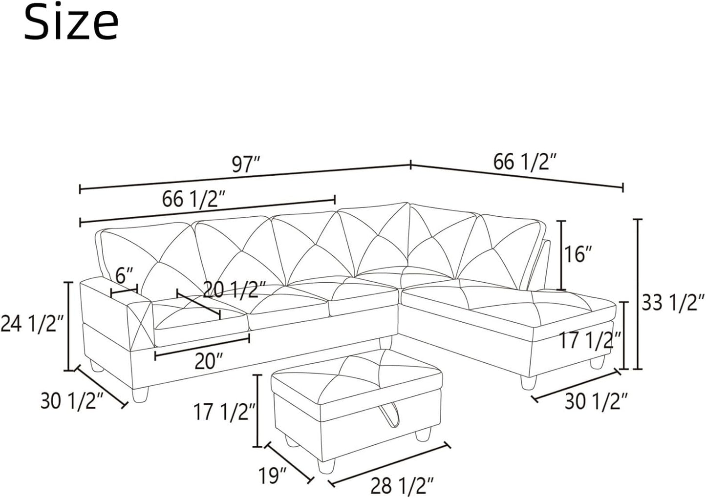 NAYSAYE L Shaped Couch, Modular Sectional Couch with Ottoman Storage, Modern Lounge Sofa Convertible Sectional Couches for Living Room, Apartment, Grey
