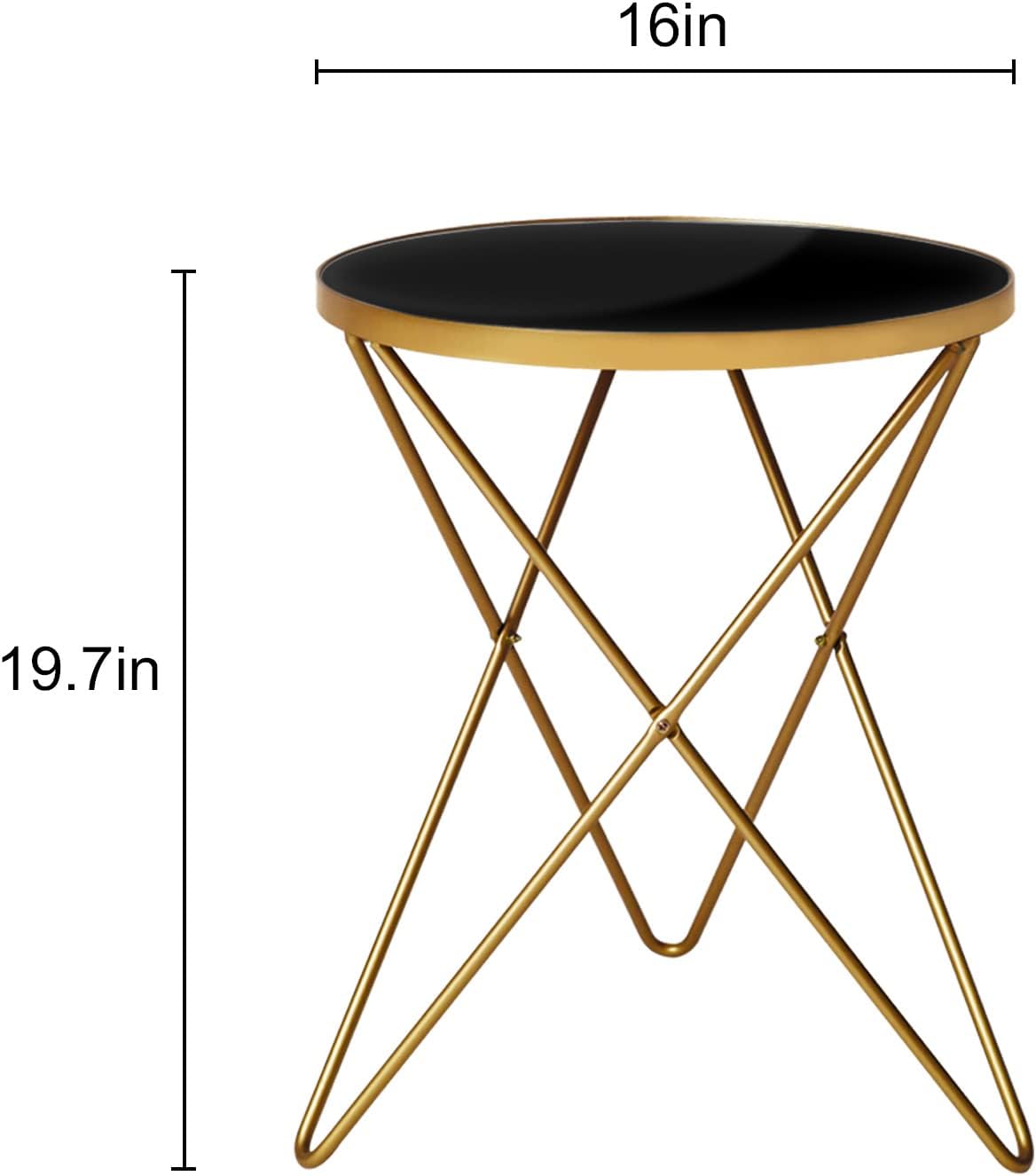 HLR Modern Round Side Table Set of 2, End Table with Marble Effect Top and Gold Metal Frame, Small Side Table for Living Room, Bedroom, Sofa and Couch, Gold Legs, Black Glass top