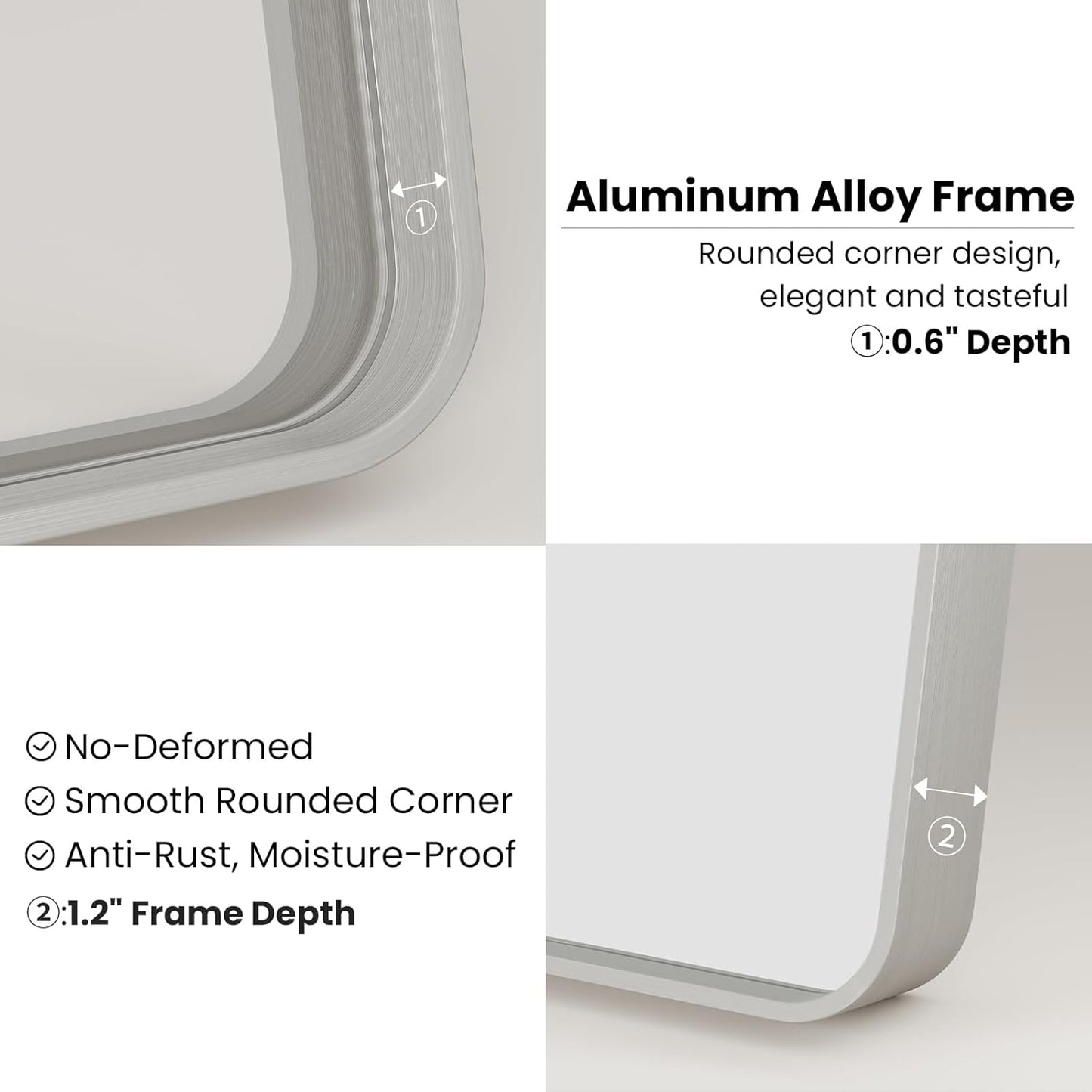 Brushed Nickel Bathroom Mirror, 30x36 Inch Thick Silver Metal Rectangle Frame Wall Mirror, Modern Round Corner Bathroom Vanity Mirror for Over Sink, Bedroom, Living Room, Entryway