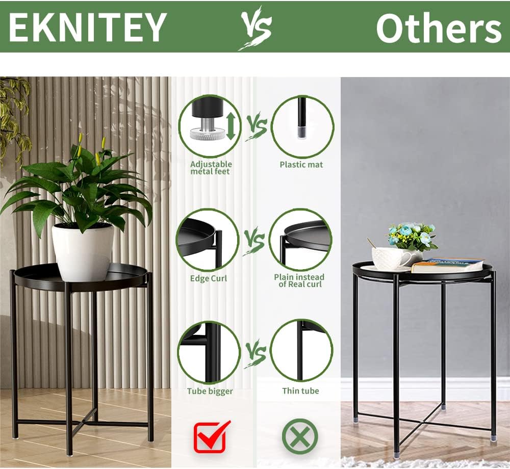 EKNITEY Small Side End Table - Metal Side Table Waterproof Small Sofa Coffee Side Tables Bedroom Indoor Outdoor with Removable Tray for Living Room Bedroom Balcony and Office