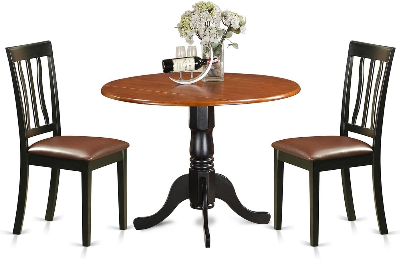 East West Furniture DLAN3-BCH-LC 3 Piece Kitchen Table Set for Small Spaces Contains a Round Dining Room Table with Dropleaf and 2 Faux Leather Upholstered Chairs, 42x42 Inch, Black & Cherry