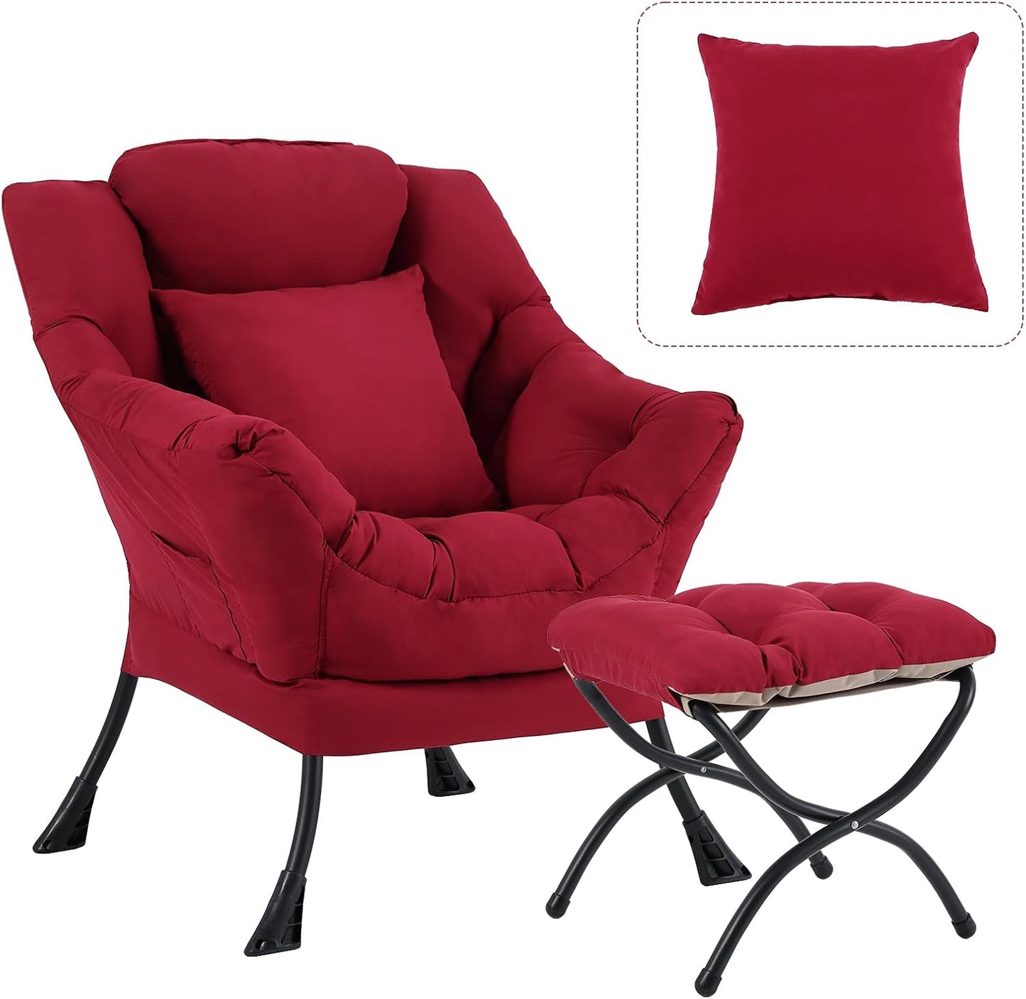 Lazy Chair with Ottoman, Modern Lounge Armchair with a Pillow, Leisure Sofa Armchair Set, Reading Chair with Footrest for Living Room, Bedroom, Office, Dorm Room, Peach Burgundy