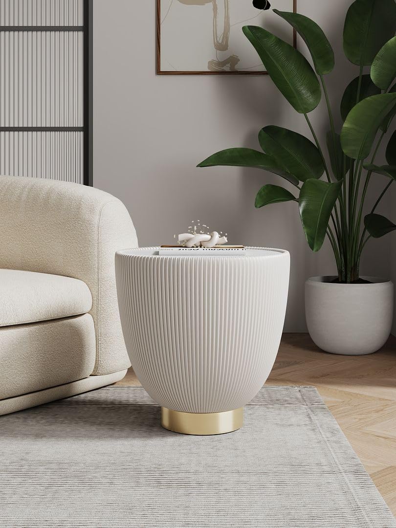 Manhattan Comfort Anderson Modern 18" Round End Table 2.0 | Ceramic Marble Tabletop, Elegant Pleated Leatherette Design & Gold Stainless Steel Base, Fully Assembled Accent Furniture, Set of 1, Cream