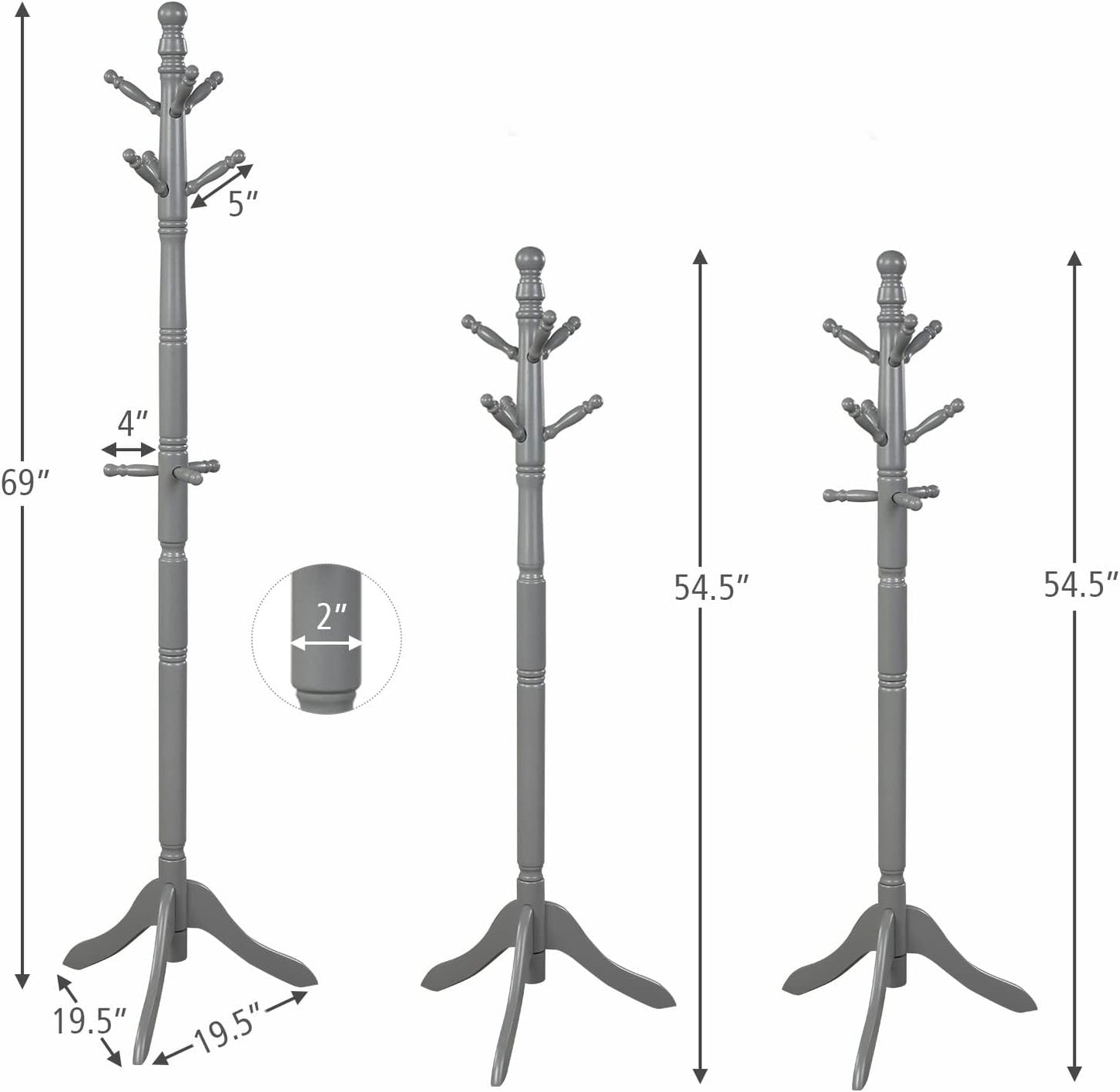 Tangkula Wood Coat Rack Freestanding, Entryway Height Adjustable Coat Stand with 9 Hooks & Stable Tri-Legged Base, Rubber Wood Coat Tree Hall Tree Coat Hanger for Home Office Hall Entryway (Grey)
