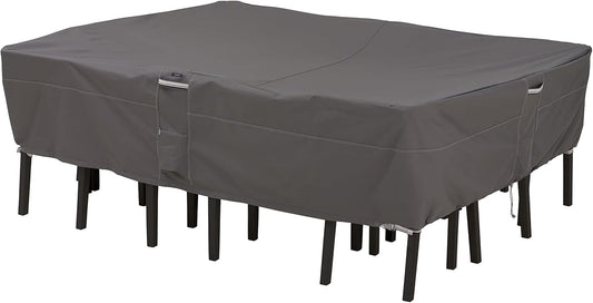 Classic Accessories Ravenna Water-Resistant 88 Inch Rectangular/Oval Patio Table & Chair Set Cover, Medium, Taupe, brown, Outdoor Table Cover