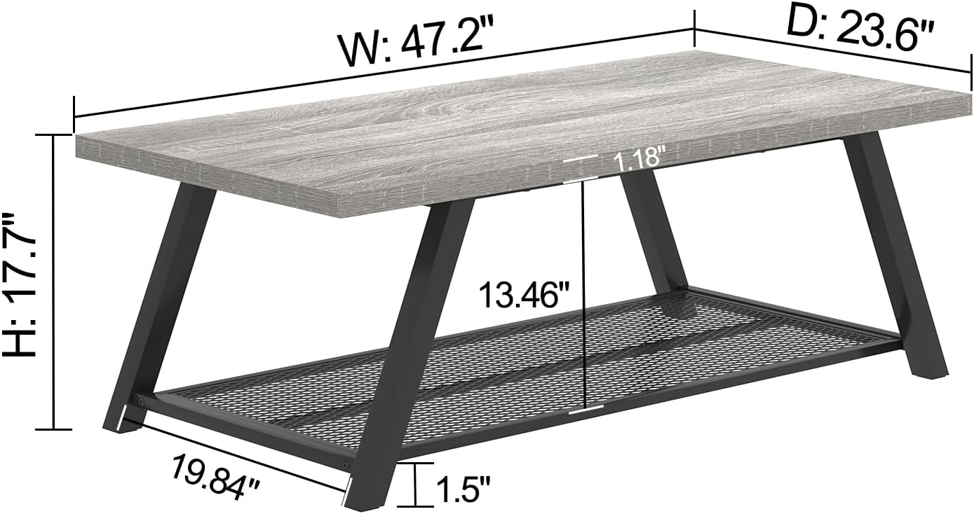 FOLUBAN Industrial Coffee Table, Rustic Wood and Metal Center Table with Storage, Modern Rectangle Cocktail Tea Table for Living Room Office, Light Grey, 47 Inch