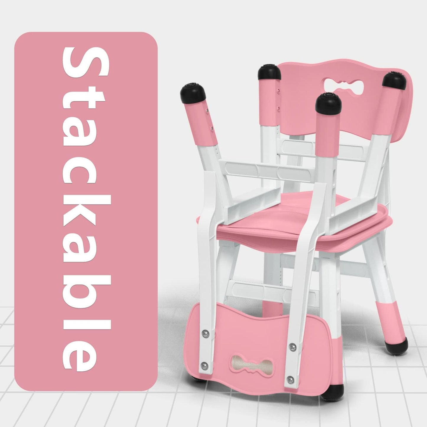 4 Piece Kids Chair Set 3 Levels Adjustable Stackable Kids Chairs Ideal for Playrooms, Schools, Daycares and Homes Washable and Easy to Clean Max Weight 220LB(Pink 4Piece Set)