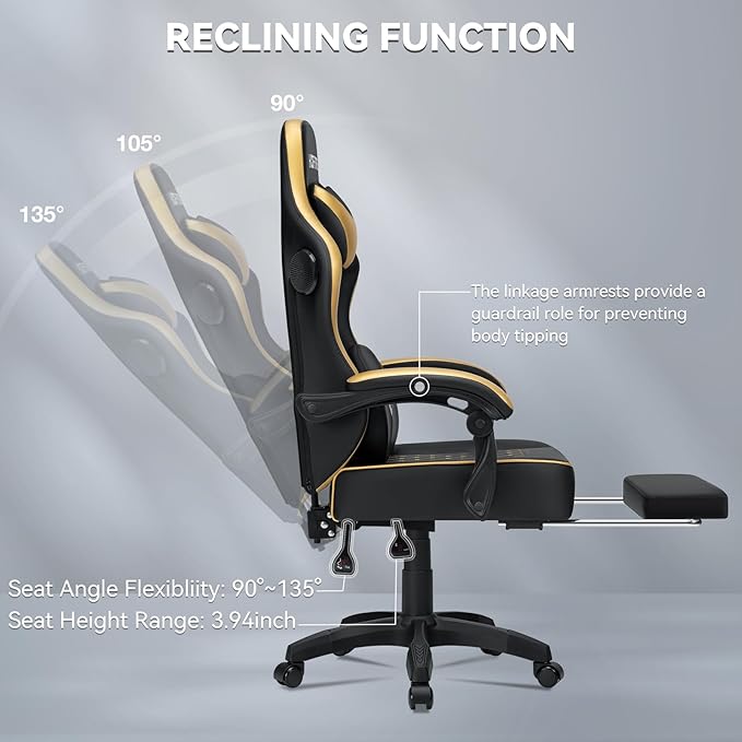 HOFFREE Gaming Chair with Speakers Massage Computer Gaming Chair with Pocket Spring Cushion for Adults Reclining Gamer Chair with Bluetooth Video Game Chairs with Footrest Gold and Black