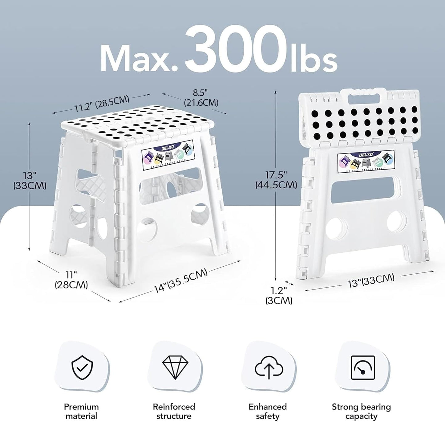 Delxo 13" Folding Step Stool, Non-Slip Foldable Step Stools with Handle,Plastic Portable Folding Stool for Bathroom,Bedroom,Kitchen,Hold up to 300lbs White