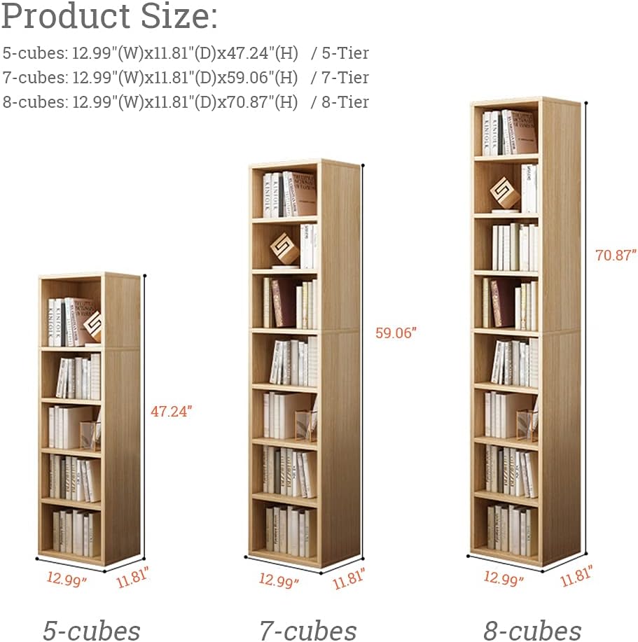 IOTXY Small Narrow Corner Bookcase - 59 Inches Tall Gap Freestanding Storage Cabinet, 7 Lattices Open Shelves Tower Rack, Cubes Bookshelf in Oak