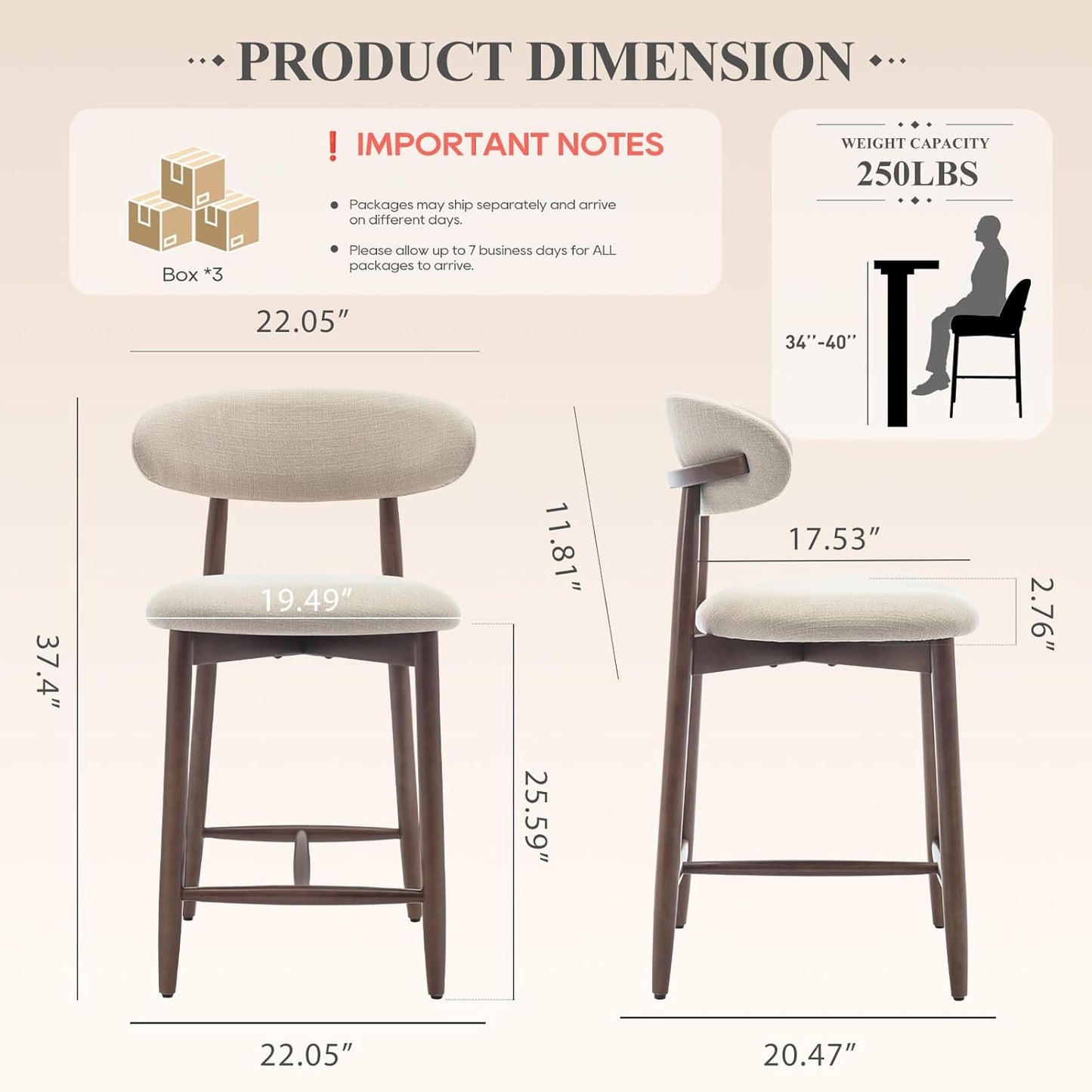 Upholstered Counter Height Bar Stools Set of 6, Kitchen Island Stools with Back, Modern Counter Stools Island Bar Chairs with Wood Legs for Kitchen Island Dining Room Bar, Beige