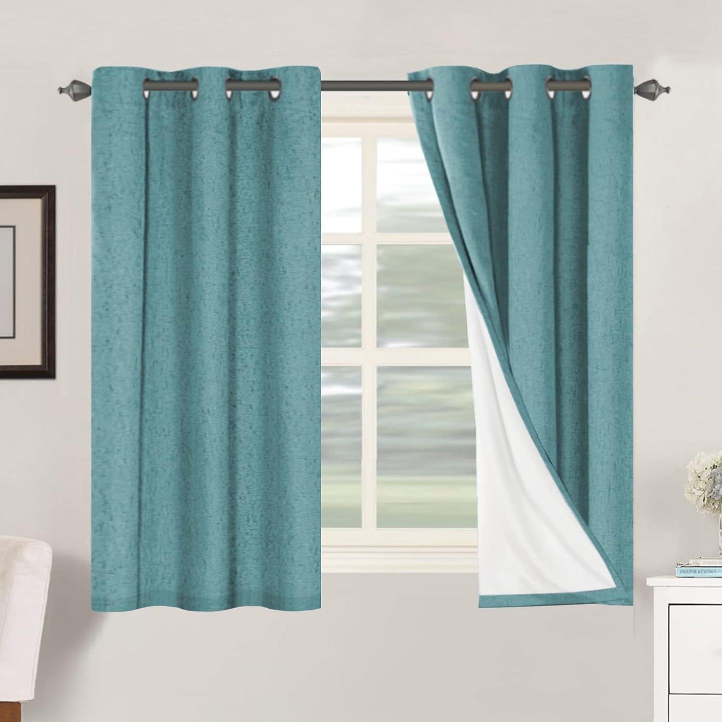 H.VERSAILTEX Primitive Linen Curtains 100% Blackout Curtain Drapes Burlap Fabric Curtains with White Thermal Insulated Liner, Grommet Top Curtain Living Room/Bedroom (2 Panels, 42 x 54 Inch, Teal)