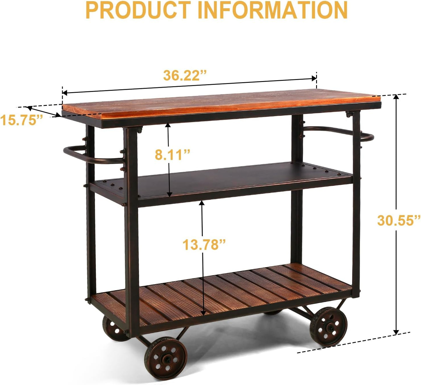 Farmhouse Mobile Cart with Wheels for Home Kitchen Industrial Rolling Food Cart Outdoor Vintage Wood and Metal Design Utility Cart in Office Coffee House 3 Tier with 2 Side Handle