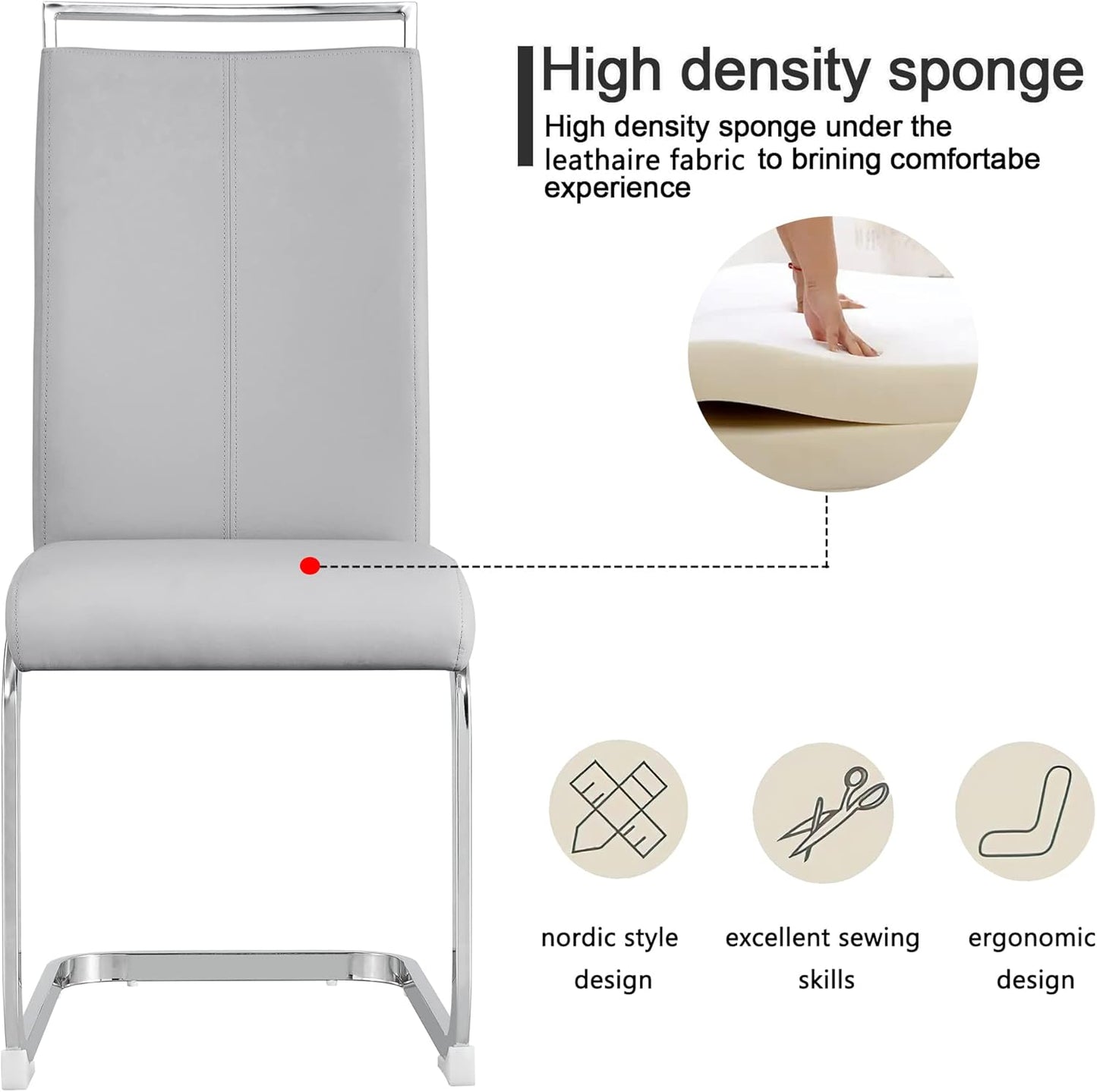 Modern Dining Chairs Set of 8, High Back Kitchen Chairs,Faux Leather Side Chair with Metal Legs, Easy to Clean Upholstered Dining Chairs, Ideal for Living Room(Silver Leg)