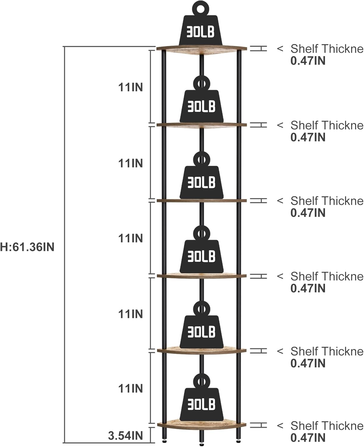 6 Tier Corner Shelf, Bookcase for Small Spaces, Corner Display Shelf, Plant Stand, Rustic Brown and Black,Suitable for Bedroom,Living Room,Kitchen