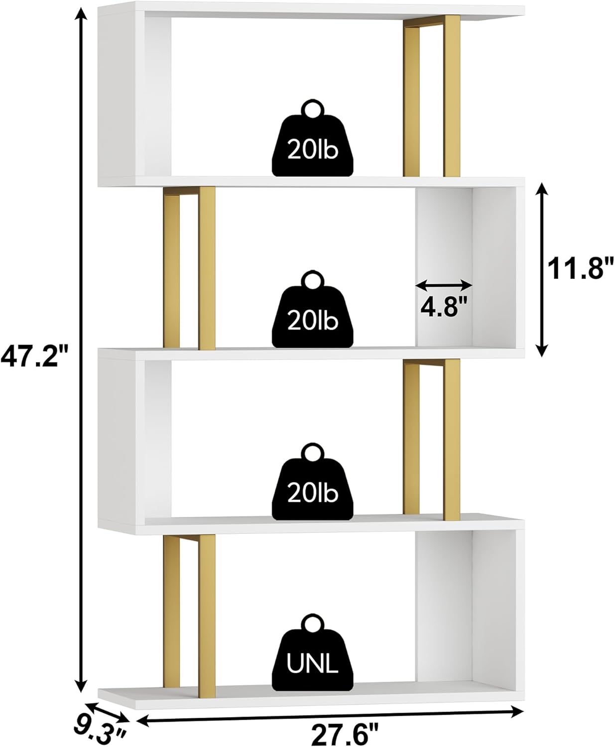 Yusong Geometric Bookcase, S Shaped Bookshelf 4-Tier Book Shelves for Bedroom, Modern Wood Decorative Display Shelf Tall Book Case for Home Office, Gold and White