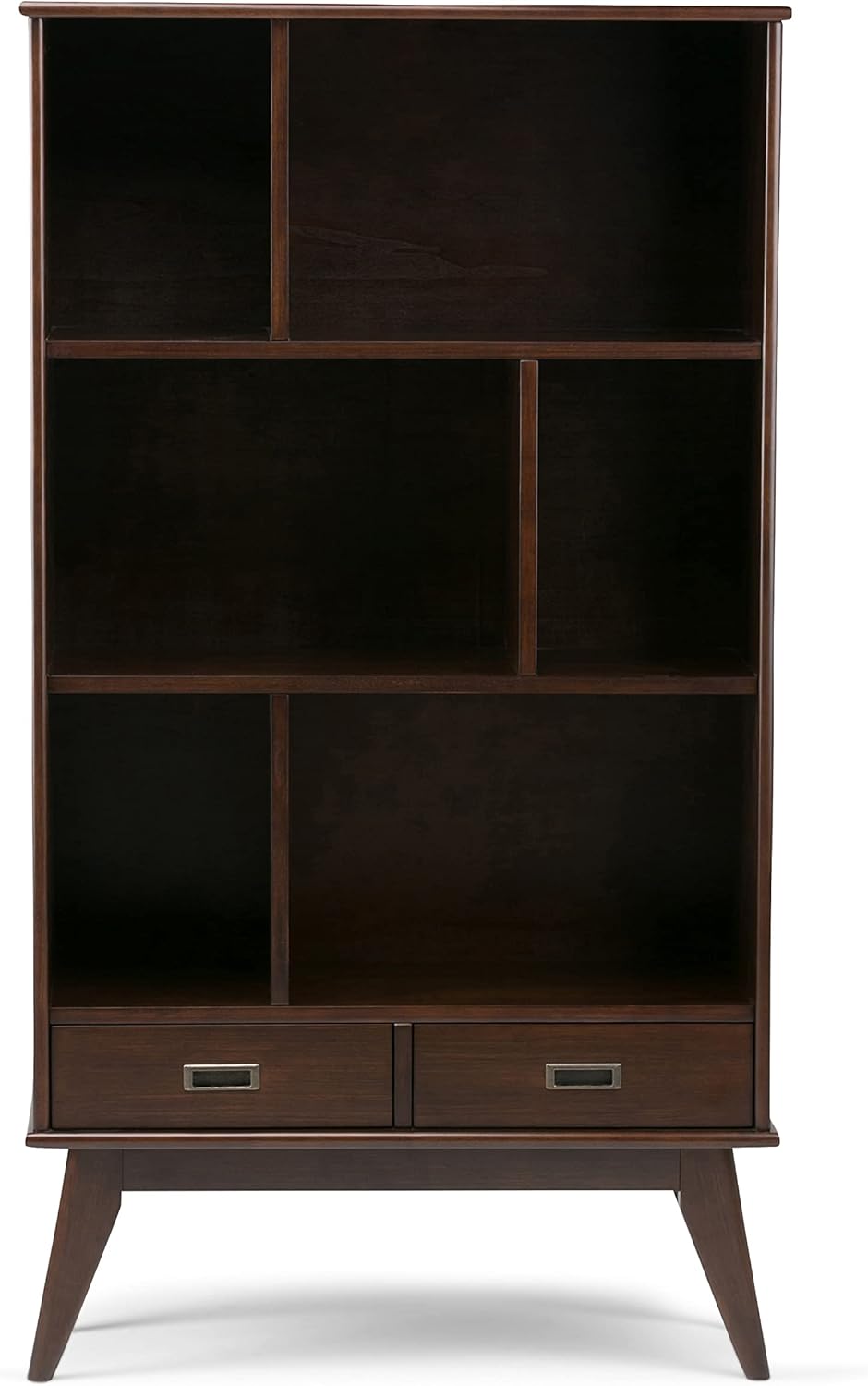 SIMPLIHOME Draper Bookcase - 64 inch Tall Solid Hardwood Wide Storage Bookshelf in Medium Auburn Brown, Mid-Century Modern Storage for Living Room or Office with Adjustable Shelves and Tapered Legs
