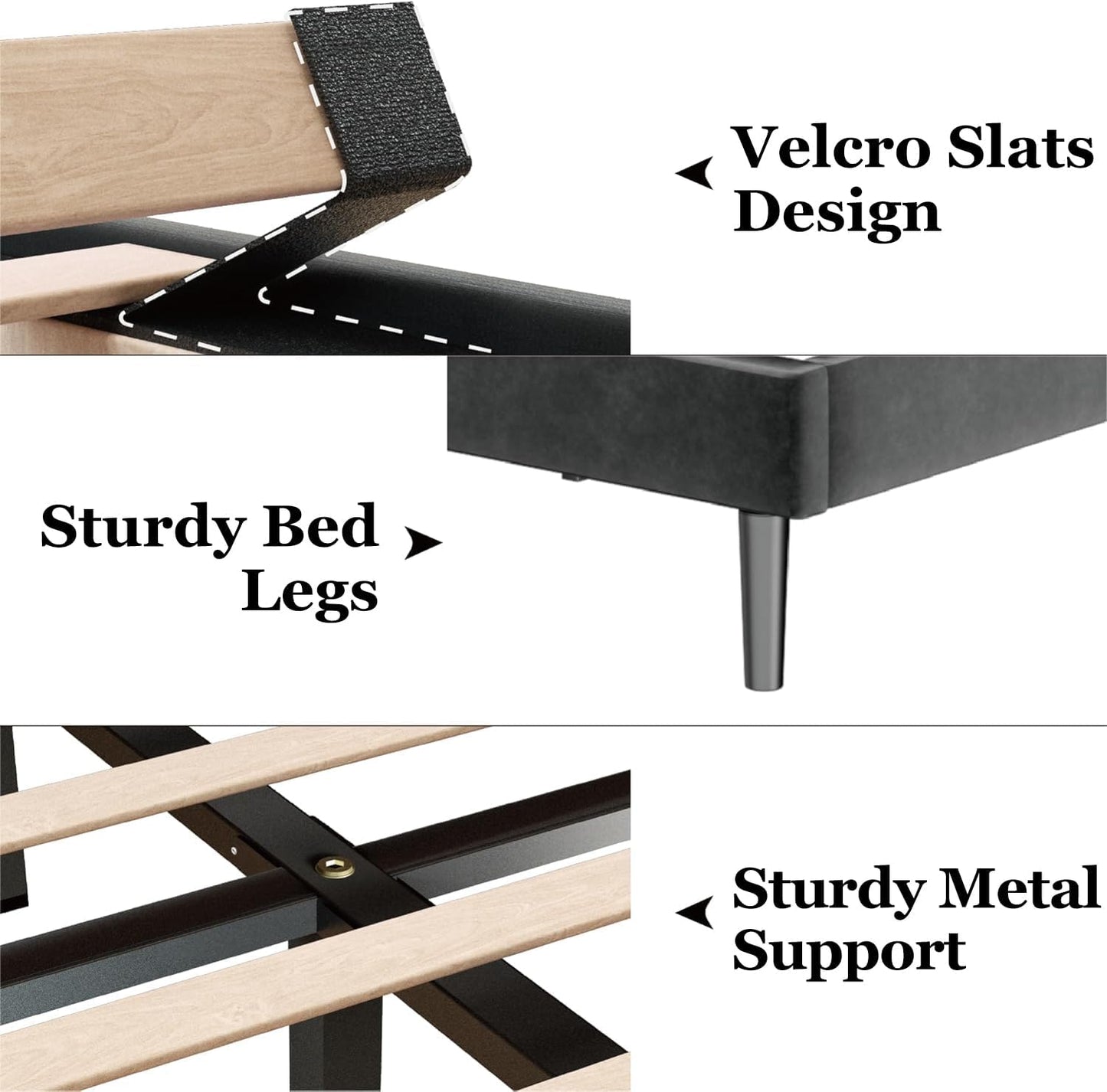 Full Size Bed Frame with Velvet Upholstered Headboard, Platform Bed with Strong Wood Slats, Mattress Foundation, Box Spring Optional, Easy Assembly, Black