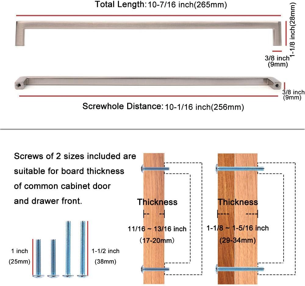 KOOFIZO Solid Square Bar Cabinet Handle - Brushed Nickel Furniture Pull, 10 Inch/256mm Screwhole Distance, 1-Piece for Kitchen Cupboard Door, Bedroom Dresser Drawer, Bathroom Wardrobe Hardware