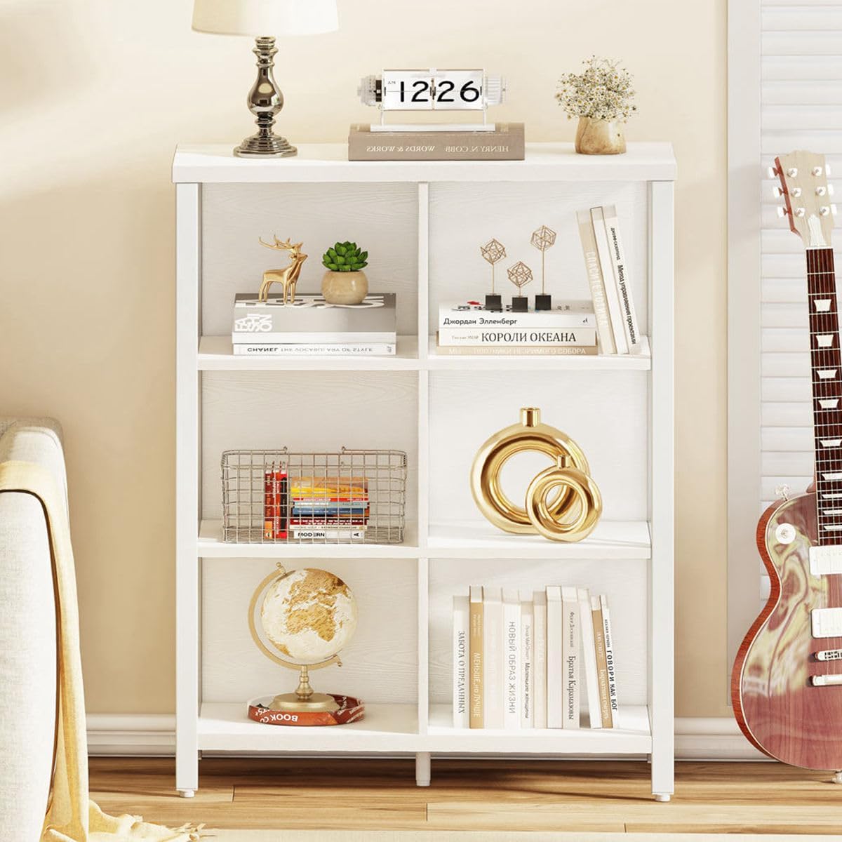 FATORRI 6 Cube Storage Organizer Shelf, Wood and Metal Cubby Bookshelf, Modern Cube Book Shelf (White Oak)