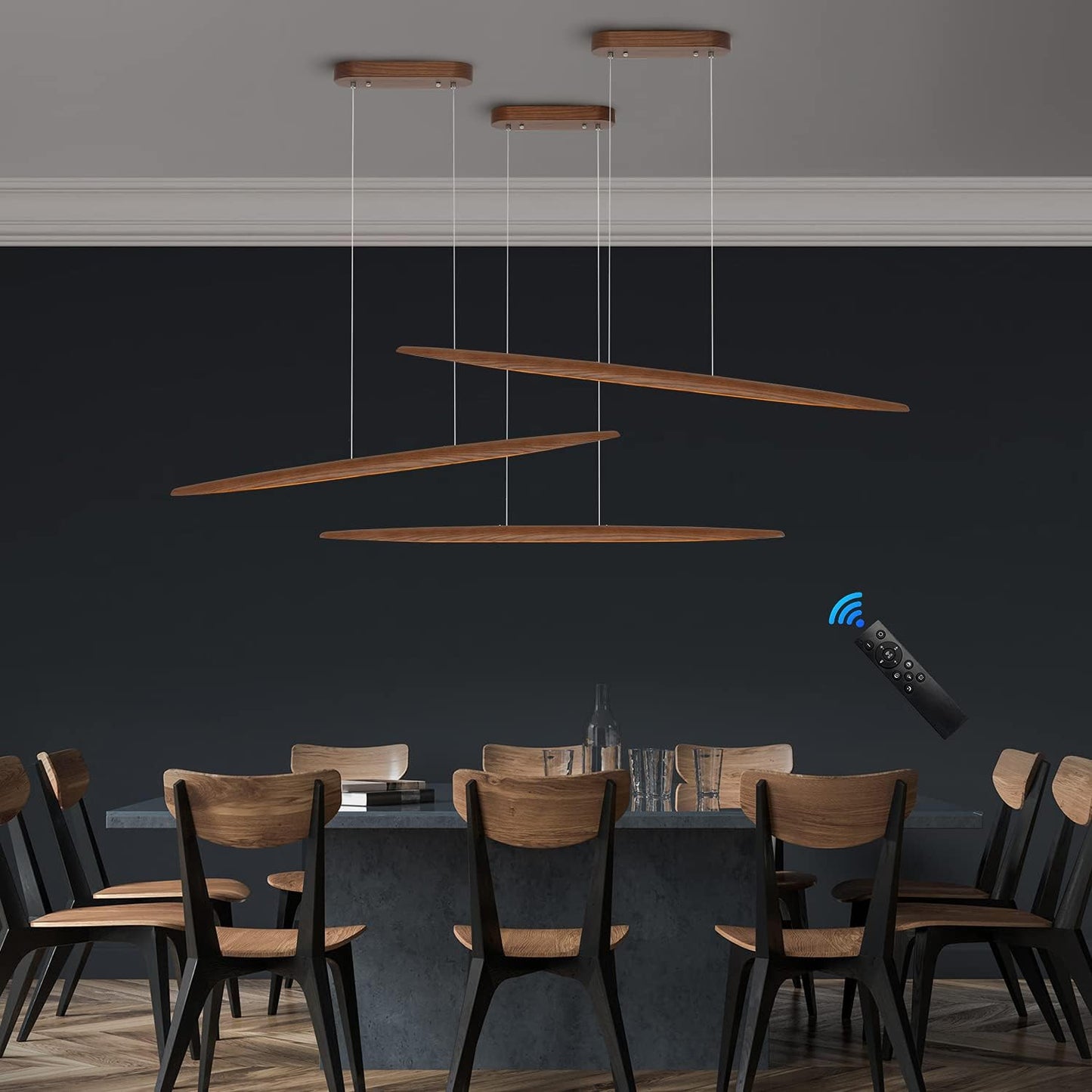 39" Wood Linear Pendant Light LED Dimmable Hanging Light Dinning Room Light Fixture Island Lights 24w for Dining Room Kitchen Island Bar Walnut Color