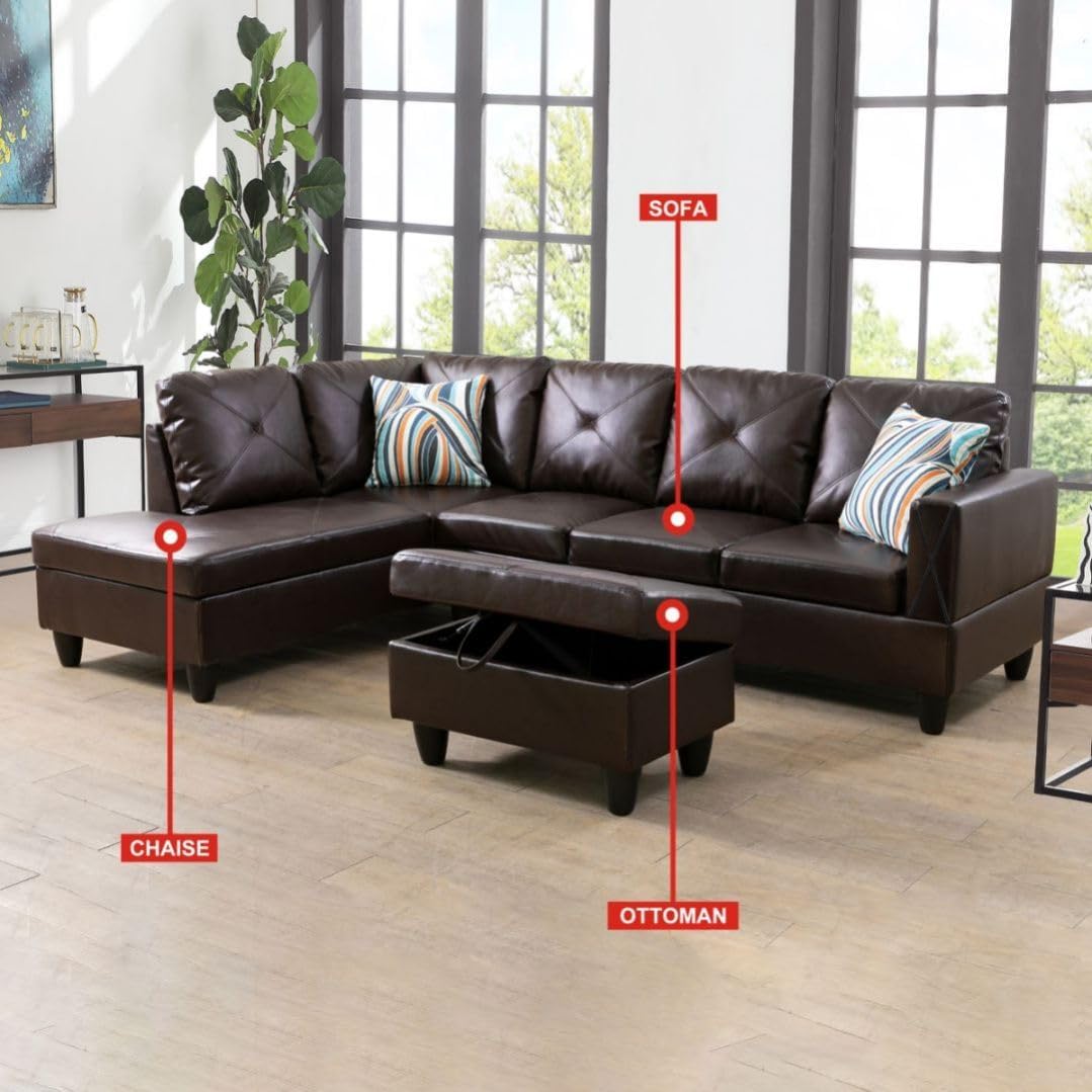 Brown L-Shaped 3-Piece Faux Leather Sofa with Storage Ottoman Set, Sectional Couch Sofa Set for Living Room, Office, Small Space