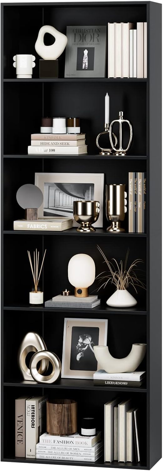 FOTOSOK 6-Tier Open Bookcase and Bookshelf, Freestanding Display Storage Shelves Tall Bookcase for Bedroom, Living Room and Office, Black