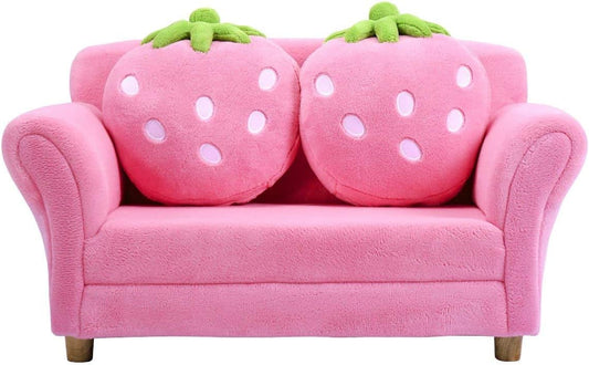 Costzon Kids Couch, Double Seat Pink Children's Sofa with 2 Strawberry Pillows, Toddler Armrest Chair for Bedroom, Living Room, Large Soft for Kids Loveseat Toy for Baby Girls Preschool Gifts Presents