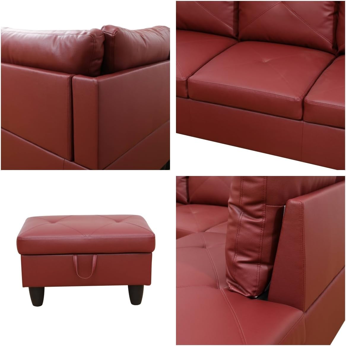 NAYSAYE L Shaped Couch, Leather Modular Sectional Couch with Ottoman Storage, Modern Lounge Sofa Convertible Sectional Couches for Living Room, Apartment, Red