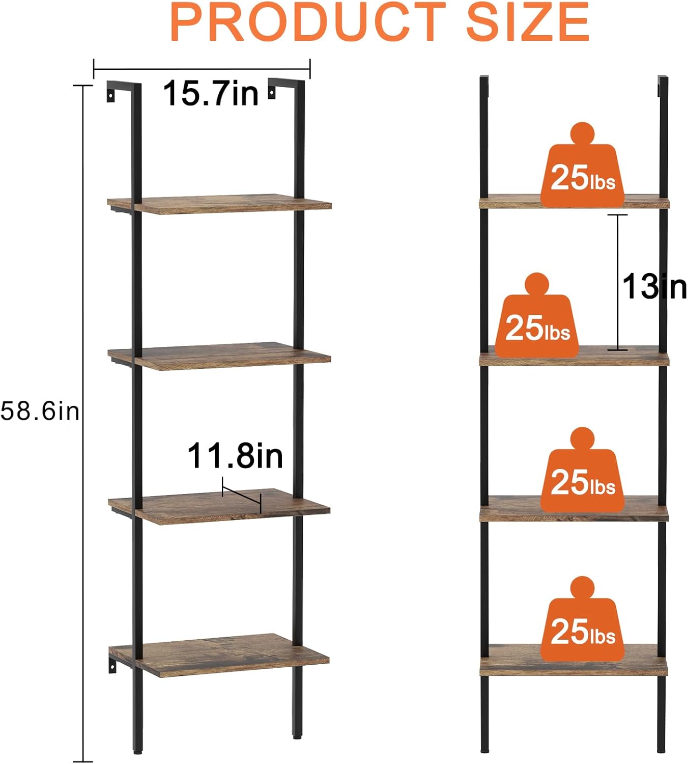 Ladder Shelf 4 Tiers Metal Industrial Bookshelf,Brown Wood Tall Open Storage Rack and Display Shelves,Wall Mount Wide Book Case for Home Office Bedroom,Small