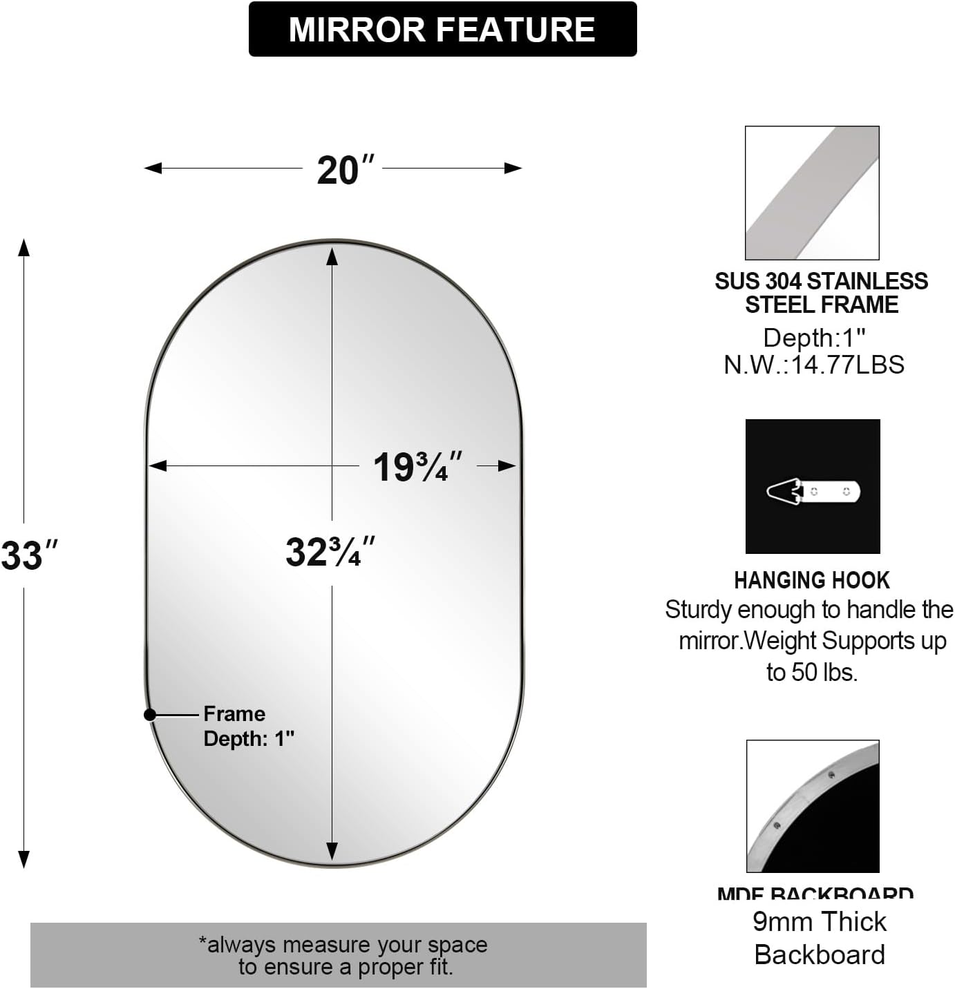 ANDY STAR Chrome Oval Mirror for Bathroom, 20x33 Inch Pill-Shaped Chrome Mirrors for Wall in Thin Frame Deep 1’’ Ideal for Limited Space