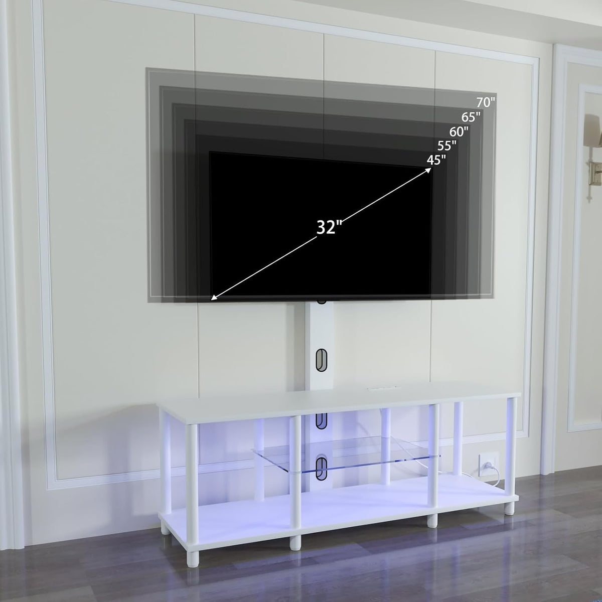 TV Stand with Mount and Led Light，White TV Stand with Power Outlets for 32/40/43/50/55/60/65/70 Inch TV,Entertainment Center with Open Storage Shelf for Bedroom/Living Room/Office