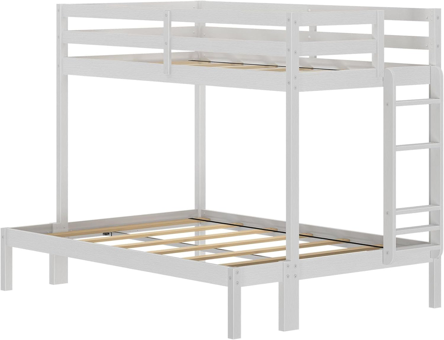 Grain & Grove Bear Twin Over Full Bunk Bed, Sturdy Bunk Bed Frame for Kids, Plywood Bunk with Ladder, Guardrail, and Slats, No Box Spring Required, Brushed White