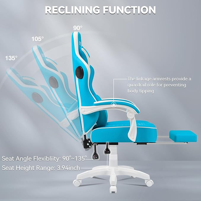 HOFFREE Gaming Chair with Speakers Massage Computer Gaming Chair with Pocket Spring Cushion for Adults Reclining Gamer Chair with Bluetooth Video Game Chairs with Footrest Sky Blue and White