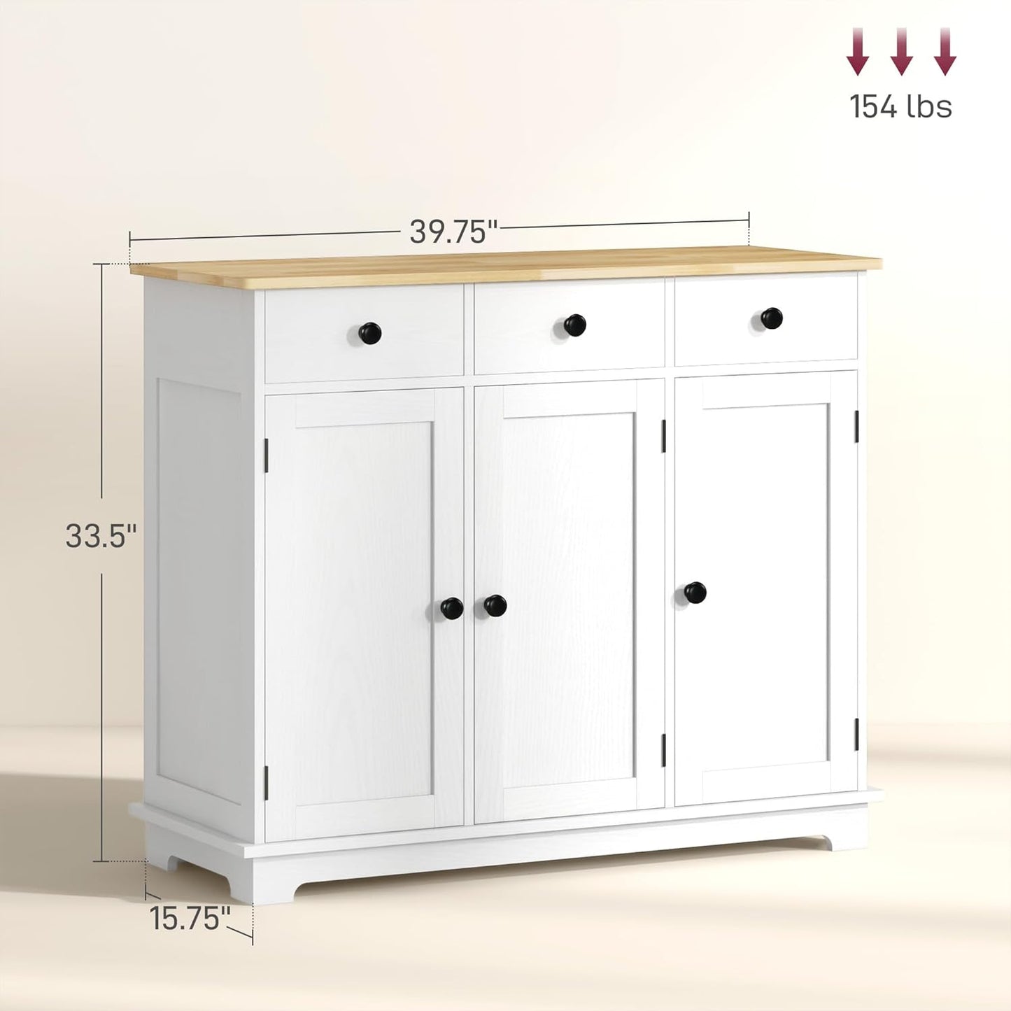 HOMCOM Sideboard with Solid Wood Countertop, Modern Kitchen Storage Cabinet, Coffee Bar Cabinet with 3 Drawers, Doors and Adjustable Shelf, Distressed White
