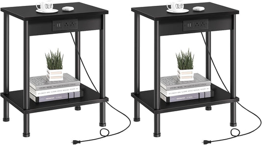End Table with Charging Station,Small Side Table,2-Tier Nightstand with Storage Shelf,Sofa Bedside Table for Small Spaces in Living Room,Bedroom,Office,Easy Assembly,Black