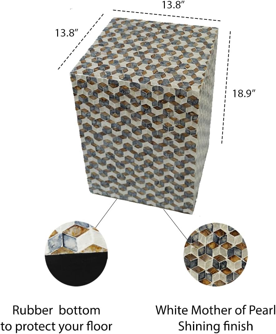 PEMAR Mother of Pearl Square Drum End Table Nacre Lacquer Side Bedside Accent Table and Vanity Stool for Living Room Bedroom (Geometric Cube)
