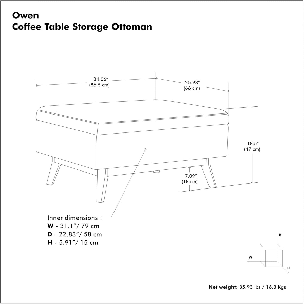 SIMPLIHOME Owen 34 inch Wide Mid Century Modern Rectangle Coffee Table Storage Ottoman in Cloud Grey Polyester Fabric, Assembled, For the Living Room, Entryway and Family Room