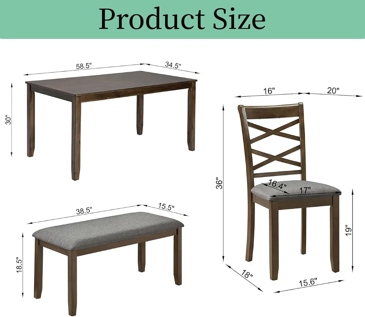 Dining Table Set, Wooden Kitchen Table Set with Rectangular Table, 4 Flat X Backrest Upholstered Chairs & a Bench, Table and Chairs with Non-Slip Feetmats for 6 People, Living Room, Walnut
