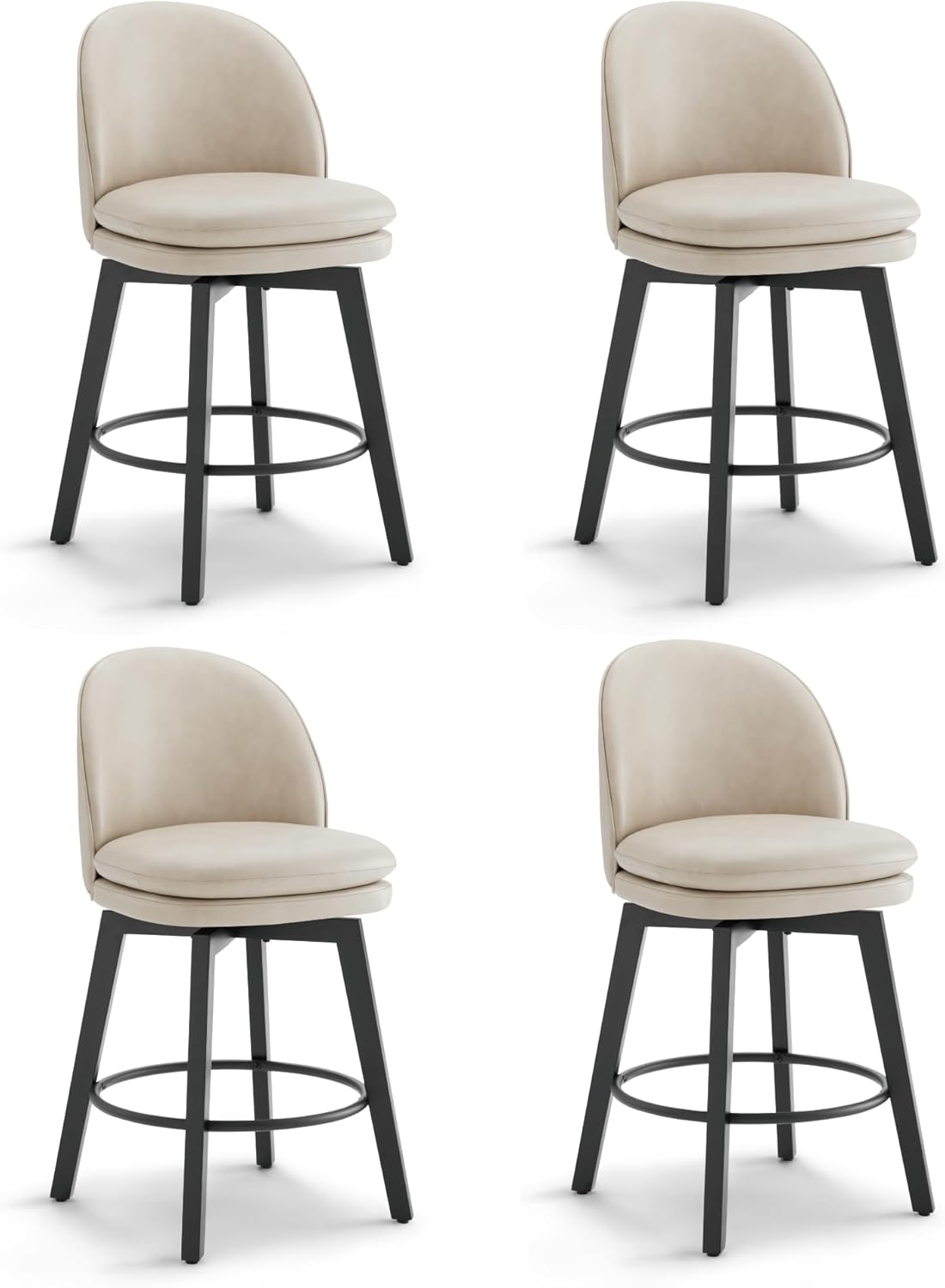 Counter Height Barstools 26 inch Upholstered Swivel Bar Stools with Back and Wood Legs for Kitchen Island,Set of 4,Beige PU Leather-Armless