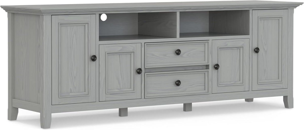 SIMPLIHOME Amherst 72-inch Wide Solid Wood TV Stand in Fog Grey, Transitional-Style Media Console for Living Room with Cable Management and Adjustable Shelves, Fits 80" TVs