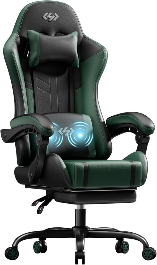 HLDIRECT Gaming Chair, Ergonomic Video Game Seat with 360° Swivel & Lumbar Massage, Computer Chair PU Leather Cushion for Adults Home/Office Use (Black & Green)