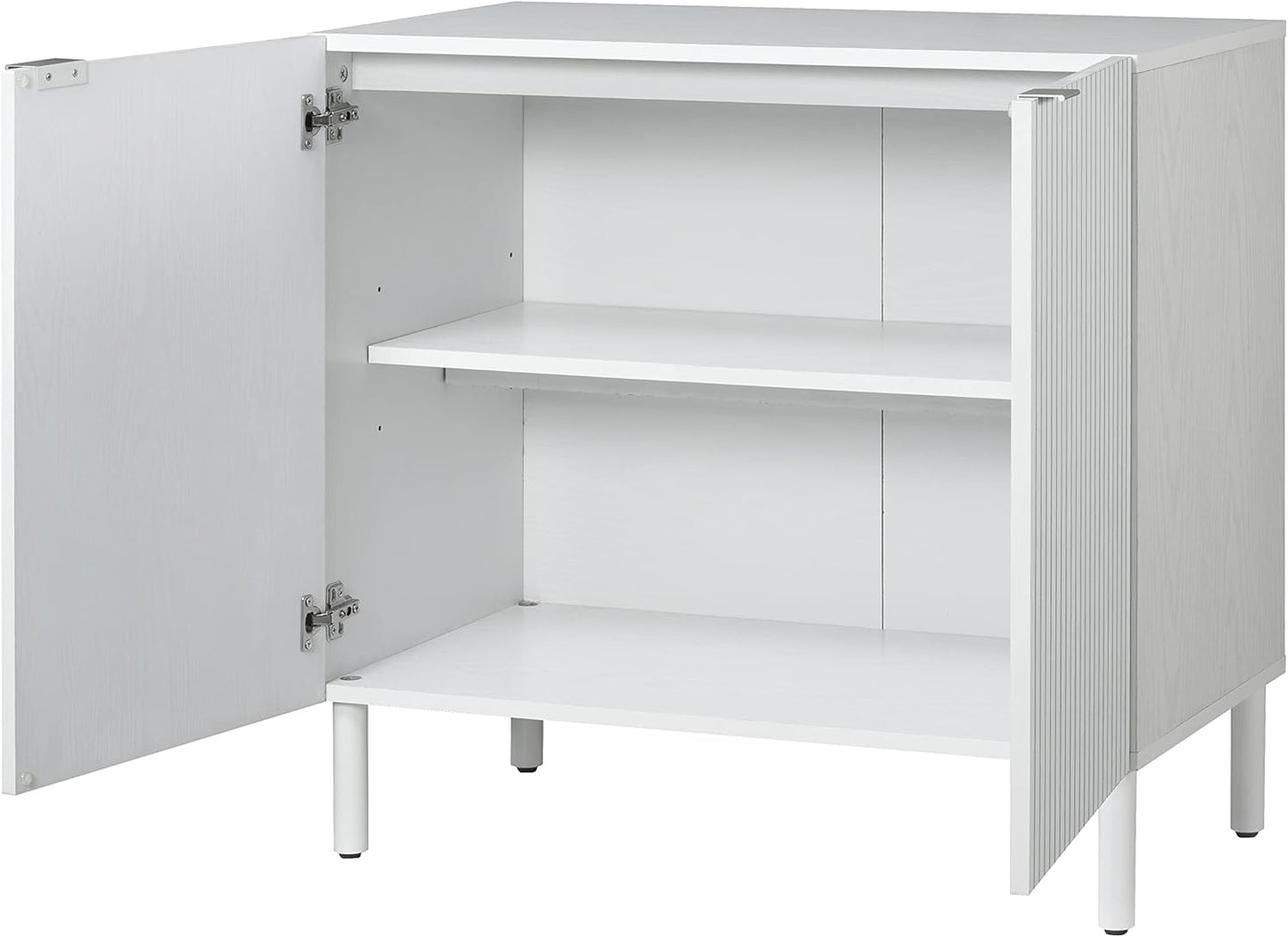 Sango Merk 2-Door Cabinet, Modern White Storage Cabinet with Vertical Groove Doors, Adjustable Shelf, Cylindrical Wood Legs, Discreet Metal Finger Pulls, Stylish Furniture for Living or Dining Room
